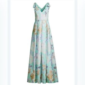 Aidan Mattox Pleated Floral Jacquard Ballgown with Bow Accents V-Neck Size 2 NWT